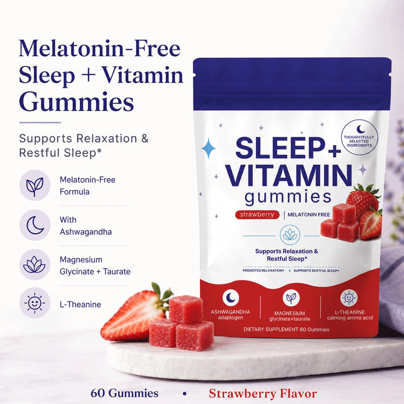 Sleep Gummies, with Cortisol Balance Support, Melatonin-Free Sleep + Vitamin Gummies with Ashwagandha, Magnesium Glycinate, L-Theanine, Strawberry Flavor, Relaxation & Restful Sleep, 60 Gummies