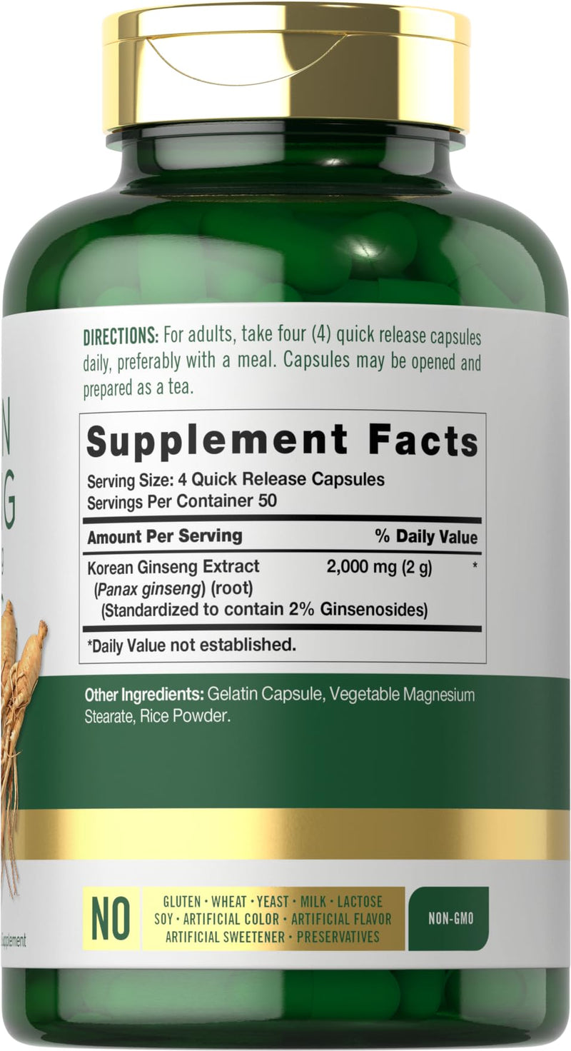 Carlyle Korean Ginseng Extract Capsules 2000 mg | 200 Capsules | Non-GMO and Gluten Free Formula | Standardized Panax Ginseng Supplement 200 Count (Pack of 1)