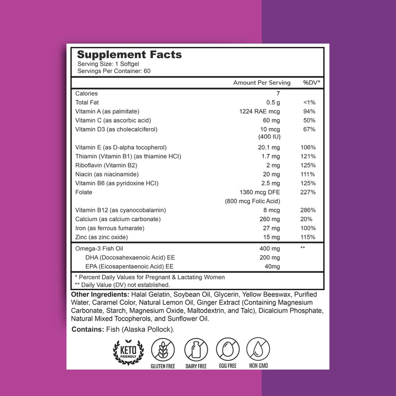 Zaytun Vitamins Halal Prenatal Vitamins + DHA, Folic Acid Iron, Ginger for Soothing, One Daily, for All Pregnancy Stages, Gluten Free, Non-GMO, 60 Softgels, 2 Months Supply, USA Made, Halal Vitamins 60 Count (Pack of 1)