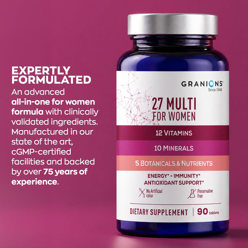 Granions Multi 27 Women's Multivitamin - Vitamins A, B, C, D3, E & B12 with Iron, Zinc, Magnesium & CoQ10 - Daily Energy, Immune & Antioxidant Support Supplement - 90 Tablets