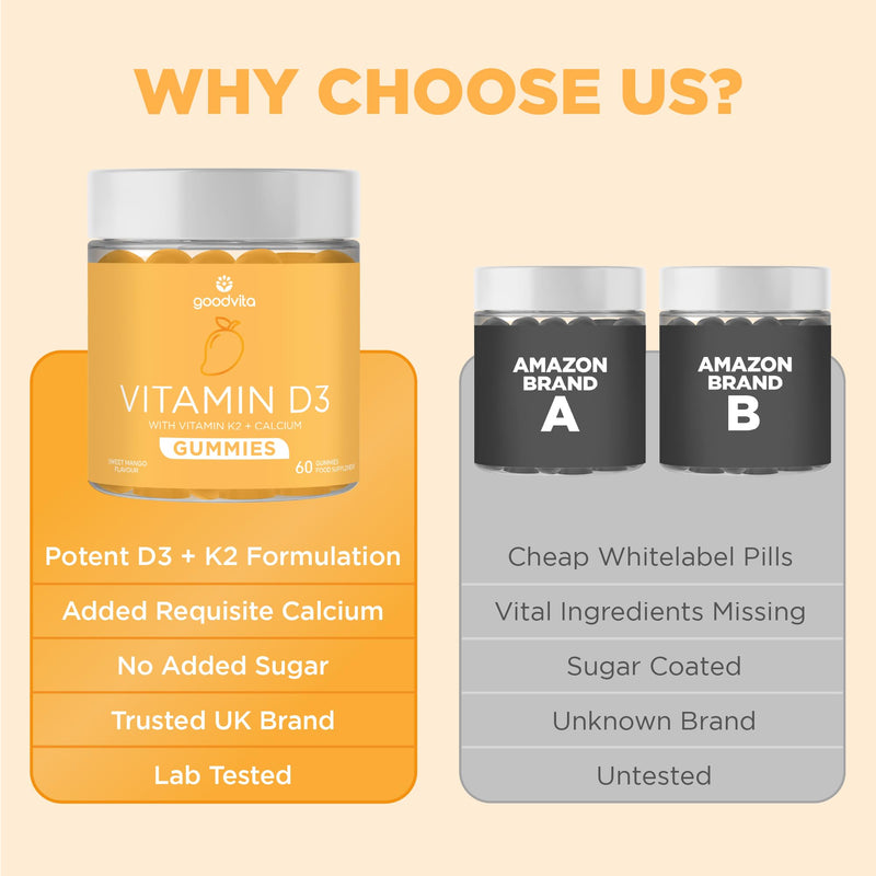 Vitamin D3 + K2 + Calcium Gummies x60 | D3 (4000 IU) K2 MK-7 (100 μg) + Calcium (500mg) | Sweet Mango Flavour | 2 Months Supply | Supports Skin, Bones, Teeth, Immunity | UK Formulated | Vegan