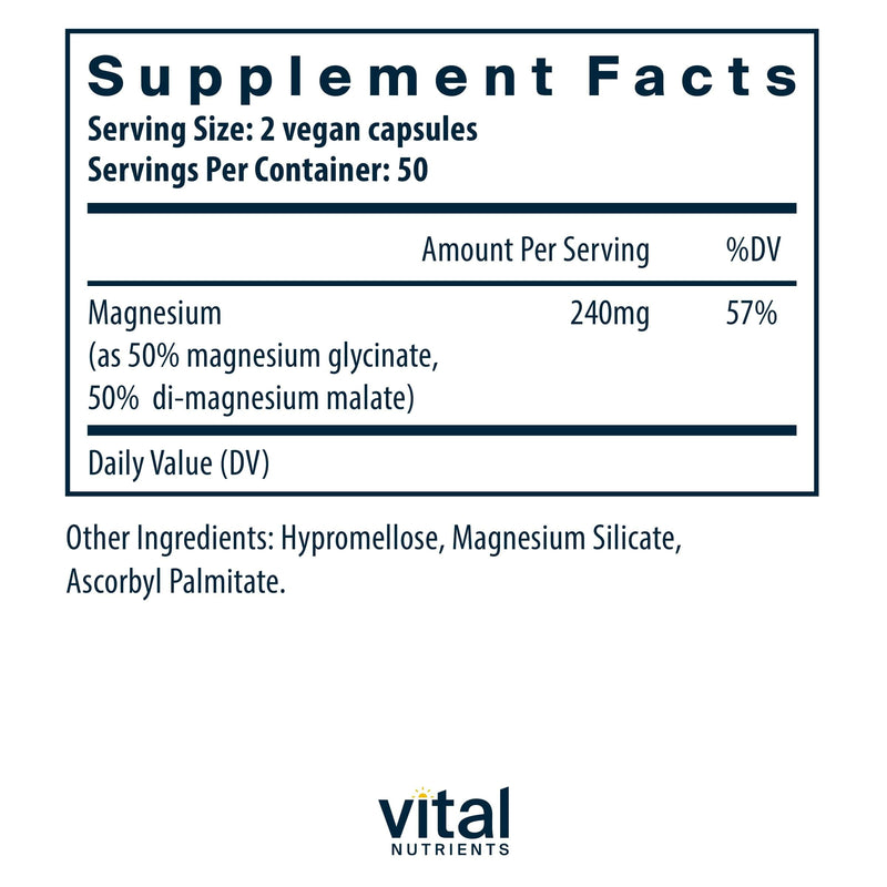 [Australia] - Vital Nutrients Magnesium Glycinate + Malate | 120mg Vegan Magnesium Supplement for Women and Men | Muscle, Heart, Bone Support* | Promotes Relaxation | Gluten, Dairy and Soy Free | 100 Capsules 100 Count (Pack of 1) 