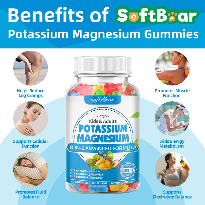 softbear Potassium Gummies for Adults, High Absorption Potassium Magnesium Supplement with Vitamin B6 CoQ10 for Leg Cramps & Muscle Health Sugar-Free Vegan Mixed Fruit Flavor 60 Gummies 60 Count (Pack of 1)