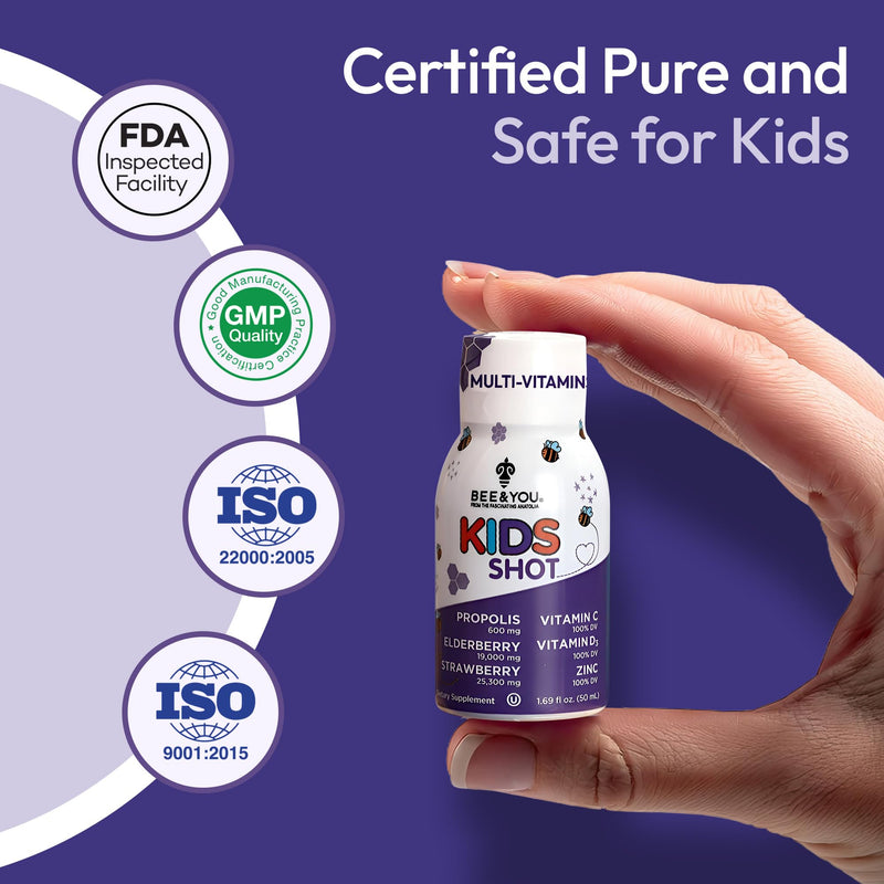 BEE and You Kids Immune Support Supplement, 100% Natural Propolis, Vitamin C, Elderberry, Raw Honey, Antioxidants, Alternative to Gummies, Great Taste, 12 Pack, 1.69 fl. oz Each