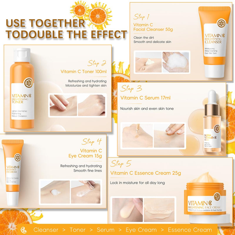 5PCS Vitamin C Skincare Set, Complete Face Care Kit with Cleanser, Toner, Serum, Eye Cream and Face Cream, Moisturizing Anti-Aging Skin