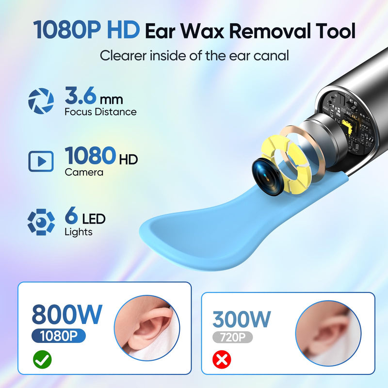 [Australia] - Ear Wax Removal Tool Camera with 8 Kits & 5 Ear Spoon, Ear Cleaner with Camera 1080P HD, Earwax Removal Kit with 6 LED Lights, Ear Wax Removal Kit for iOS & Android Black 