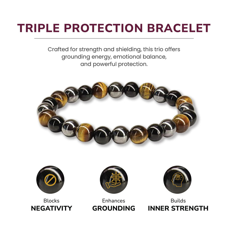 [Australia] - Crystal Vibe Triple Protection Bracelet - 8mm Beaded Bracelet for Women Men - Natural Stones of Tiger Eye, Hematite, Black Obsidian - Healing Crystal Bracelet for Anxiety Relief - Adjustable Size 