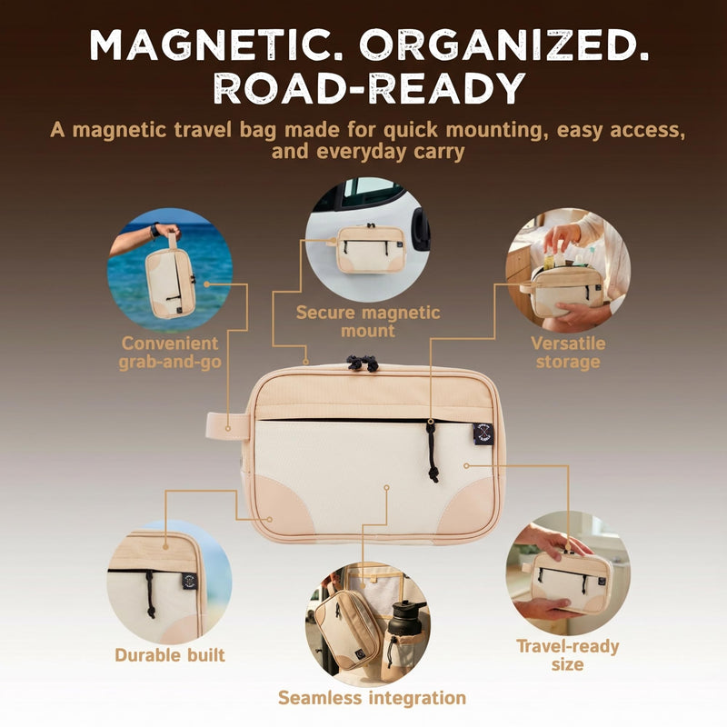 Living in a Bubble Premium Magnetic Bag. Durable Cordura Fabric Travel-Ready Toiletry Pouch for Camping, Traveling, Hiking, Family Trip (Beige) Beige