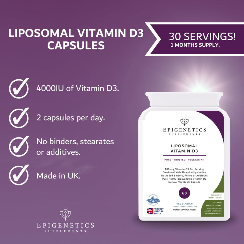 Liposomal Vitamin D3 4000IU | Most Bioavailable Highly-Absorbable Vitamin D | 60 Vegan Friendly Capsules UK Made | Long 2 Month Supply by Epigenetics Supplements