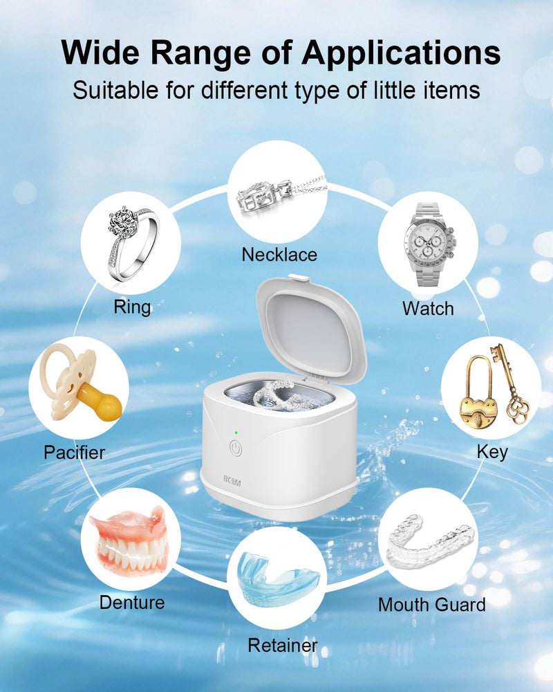BCOM Ultrasonic Retainer Cleaner, 46Khz Jewelry Cleaner Machine for Rings | 18W Portable Dental Cleaning Pod for Braces, Night Guard, Mouthguard, Toothbrush, Denture, 220ml 304 Tank, Quiet 45 dB, White 228ml