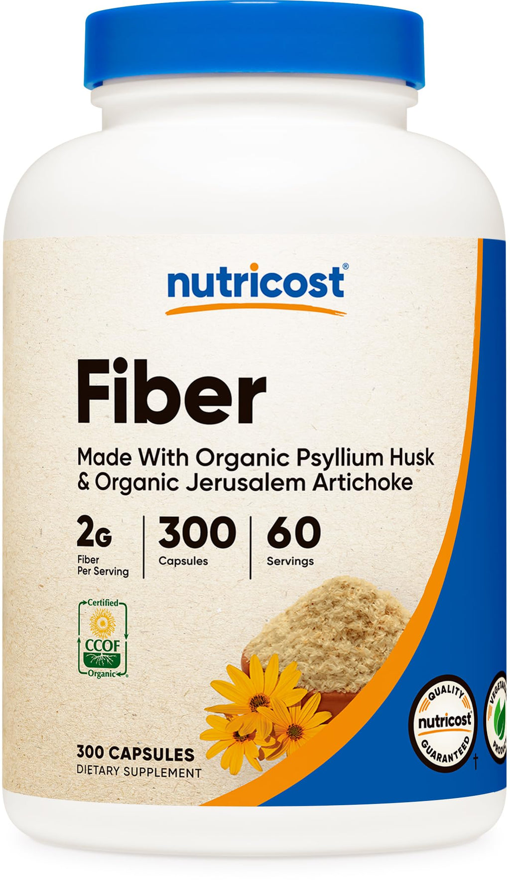 Nutricost Fiber Capsules with Prebiotic Fiber Supplement 300 Capsules - Made with Organic Psyllium Husk & Organic Jerusalem Artichoke, 60 Servings, Gluten Free, 2 G Per Serving 300 Count (Pack of 1)