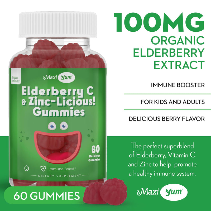 Elderberry Zinc Gummies - Organic Sambucus Elderberry Gummies with Zinc and Vitamin C - Vegan Immune Support for Adults and Kids - Chewable Elderberries Supplements for Immunity Boost - 60 Gummies