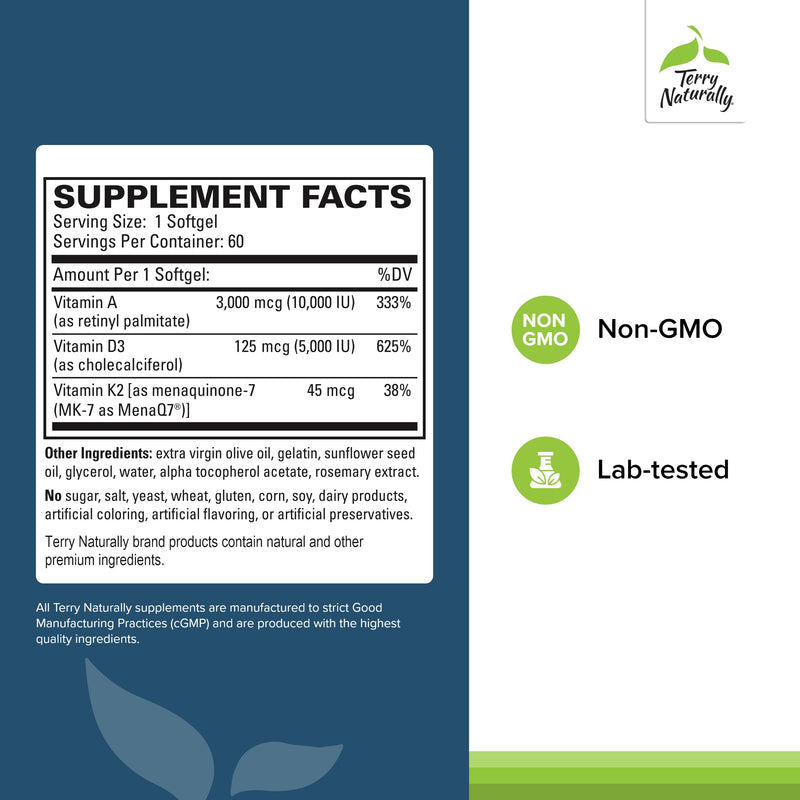 [Australia] - Terry Naturally A.D3.K2 - Healthy Supplement for Immune Support, Heart Health & Bone Support - Supplement for Strong Bones & Healthy Heart - Includes Vitamins A, D3 & K2-60 Softgels (60 Servings) 