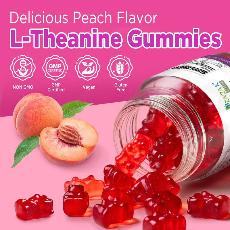 [Australia] - ZA'ZA K ORGANICS L-Theanine 200mg Gummy, L Theanine Supplement Gummies with GABA, 5-HTP & Magnesium Glycinate for Adults and Kids, Stress & Focus Support, Vegan Peach Flavor, 60 Chewable 