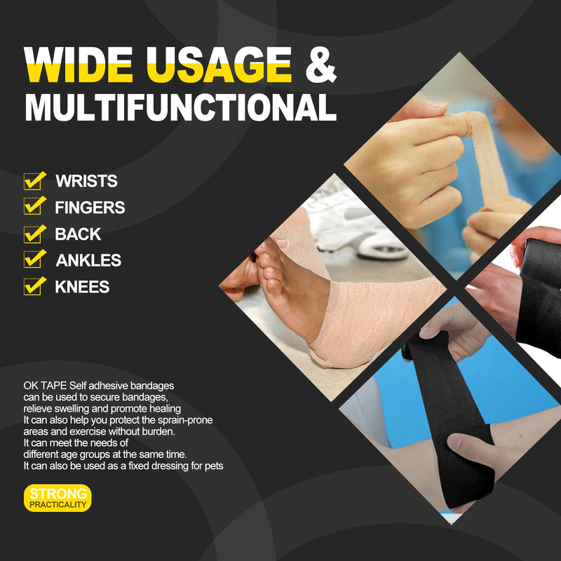 [Australia] - OK TAPE 12 Pack Self Adherent Cohesive Wrap Bandages, 2 Inches x 5 Yards, First Aid Tape, Elastic Self Adhesive Tape, Athletic, Sports wrap Tape, Bandage Wrap for Sports, Wrist - Black 