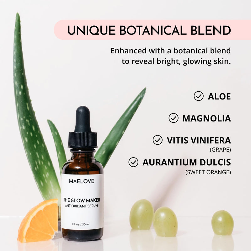 MAELOVE Glow Maker Vitamin C Serum with Vitamin E & Ferulic Acid, 1 fl oz | Gold standard formula of Vitamin C E, Ferulic Acid & Hyaluronic Acid, Award-Winning Brightening and Hydrating Facial Serum 1 Fl Oz (Pack of 1)