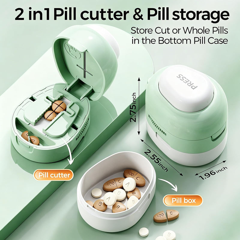 Adjustable Pill Cutter Splitter for Small and Tiny Pills, 1/2 1/4 Pill Splitter for Small Pills Vitamins Tablets, Accurate Alignment & Easy Cutting, Hidden Sharp Blade, Bottom Storage (Green) Green