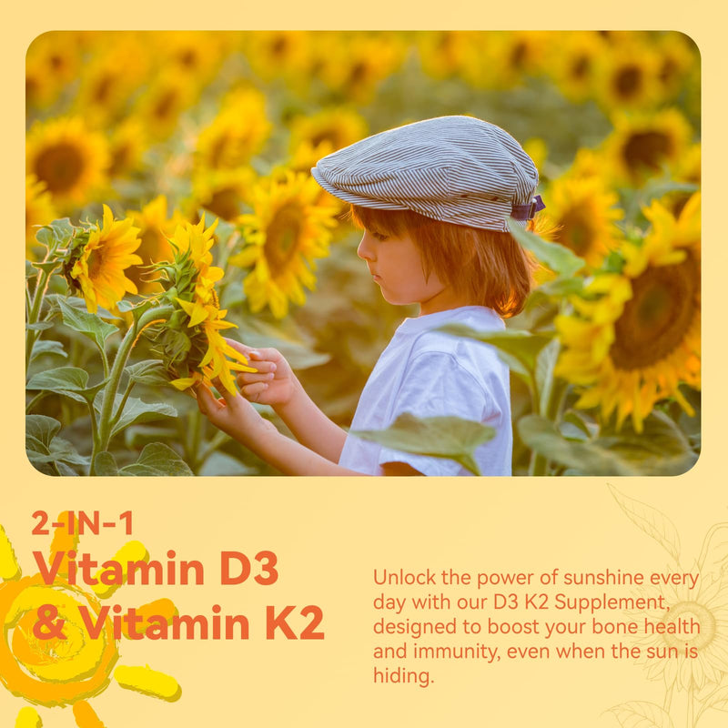Vitamin D3 K2 Supplement Softgels, D3 5000 IU & K2 MK-7 200 mcg - 120 Count | Bone & Teeth Support, Easy to Swallow, Non-GMO, Gluten-Free 120 Count (Pack of 1)