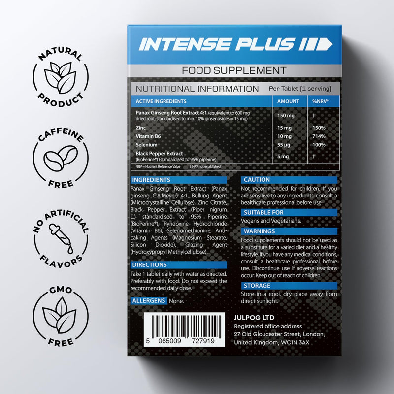 Intense - Panax Ginseng Herbal Food Supplement Tablets for Adults - with Zinc and Vitamin B6-30 Tablets