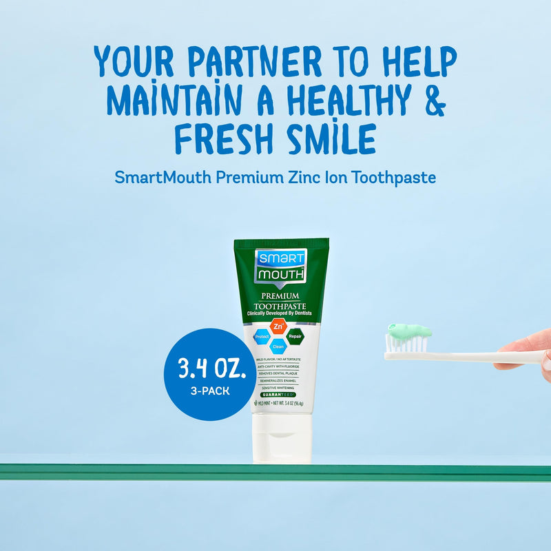[Australia] - SmartMouth Premium Zinc Ion Toothpaste, Cavity, Enamel, and Plaque Help, Mild Mint, 3.4 oz, 3 Pack 3.4 Ounce (Pack of 3) 