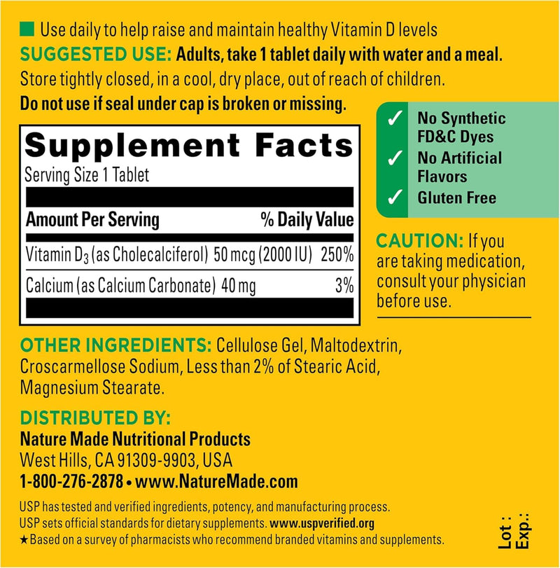 Vitamin D3, 100 Tablets, Vitamin D 2000 IU (50 mcg) Helps Support Immune Health, Strong Bones and Teeth, & Muscle Function, 250% of the Daily Value for Vitamin D in Only One Daily Tablet