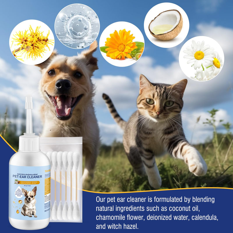Ear Cleaner for Dogs and Cats 4 oz, Gentle and Non Irritating Dogs Ear Infection Treatment, Itch Relief Pet Ear Drops,Dog Ear Wash Removes Wax, Odor with 10 Cotton Swabs - PawsPlanet Australia