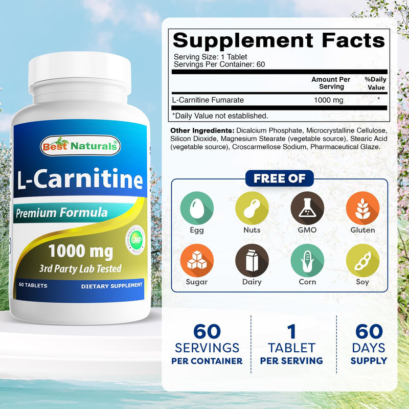 Best Naturals L-Carnitine 1000mg 60 Tablets (60 Count (Pack of 2)) 60 Count (Pack of 2)