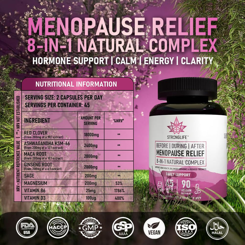 Menopause Support Capsules – Before, During & After – Red Clover, Ashwagandha, Maca, Ginseng, Sage, Magnesium, B6, D3 – 90 Capsules (45-Day Supply)
