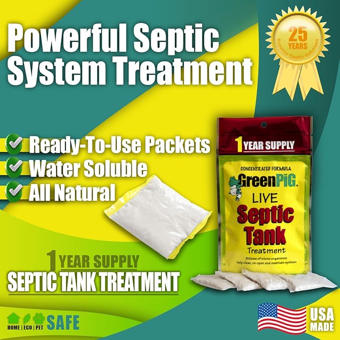 [Australia] - Green Pig 52 Live Septic Tank Treatment Ultimate Solution in Preventing Expensive Backups, Clogs, or Drain Field Failures with 4-Easy Drop-in and Flush, 1-Year Supply- 4 Packets, 4 Count 