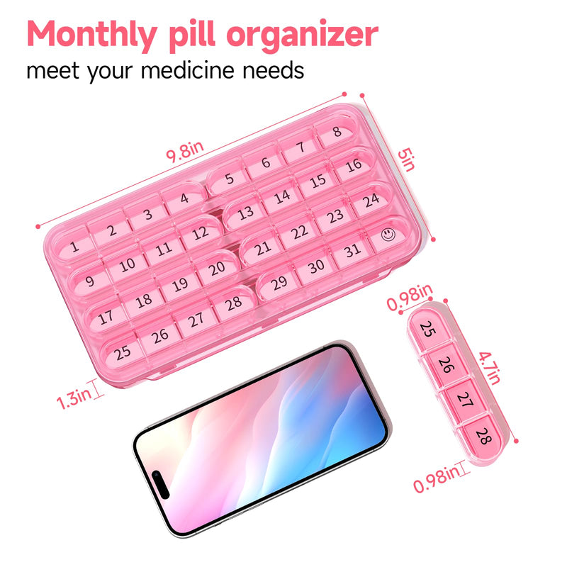 [Australia] - Zoksi Monthly Pill Organizer 1 Time a Day, 30 Day Pill Box Organizer Once a Day, One Month Large Pill Case for Travel, 31 Day Daily Medcine Container for Vitamins, Supplement & Medication (Pink) Pink 
