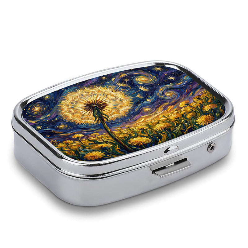 Metal 2 Compartment Pill Organizer, Portable Travel Pill Box for Vitamins, Supplements and Medication, Compact Pocket Pill Case for Purse, Wallet, Backpack and Daily Use (Oil Painting of Dandelions) Oil Painting of Dandelions