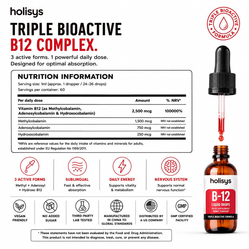 Vitamin B12 Drops – 60ml | High-Strength Methylcobalamin | Supports Energy, Mood & Nervous System | Alcohol-Free, Vegan, Berry Flavour
