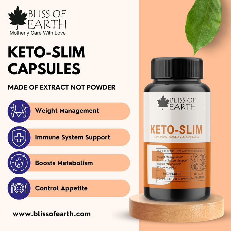 Bliss of Earth Keto Slim Weight Management Pills, Keto Diet Safe, Natural Fat Burner, Appetite Suppressant, Non-GMO, Gluten Free, 60 Veg Capsules