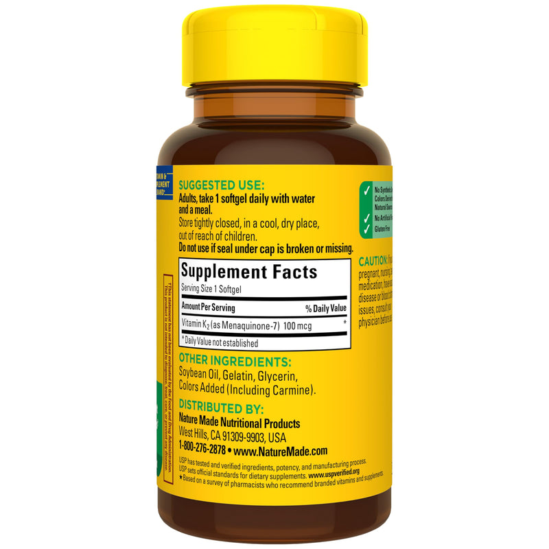 Nature Made Vitamin K2 100 mcg, 30 Softgels | Vitamin K2 Supplement, Vitamin K2 MK7 Form to Help Support Healthy Bones, USP Verified, 30 Day Supply 30 Count (Pack of 1)