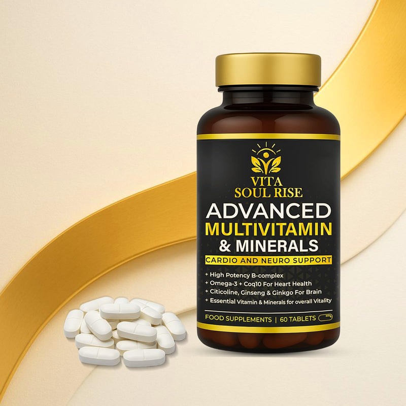 Multivitamin Tablets for Women & Men - Cardio & Brain Support with CoQ10, Omega-3, B-Complex, Ginseng & Ginkgo - Advanced Multivitamin & Minerals - 60 Tablets