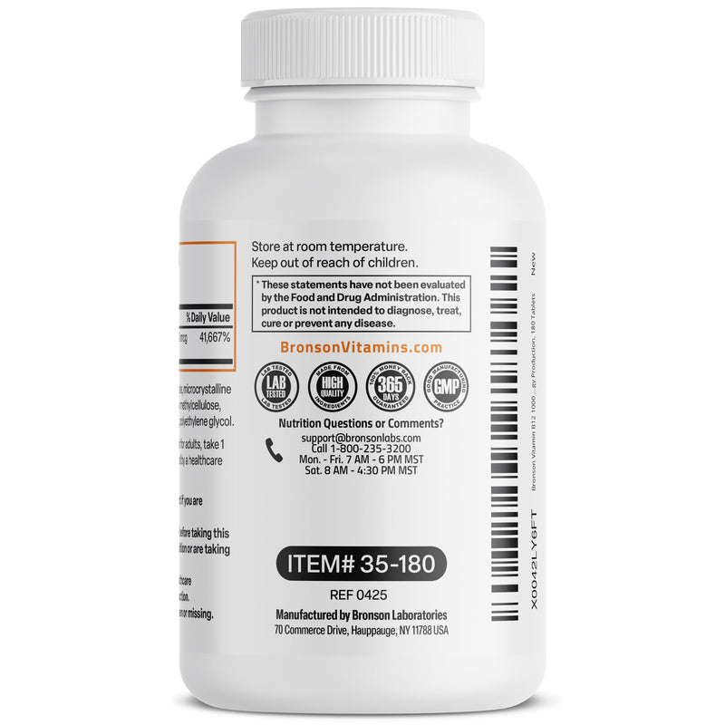 Bronson Vitamin B12 1000 mcg Sustained Release, Energy Support, 180 Tablets | Healthy Brain Function & Nervous System Support, Vegan, Non-GMO, Gluten-Free & Soy-Free 180 Count (Pack of 1)
