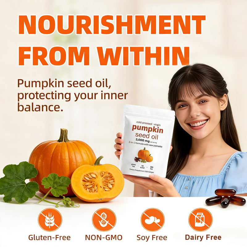 Pumpkin Seed Oil Capsules 300 Softgels, Pumpkin and SeedOil 2 in 1 for Hair Growth,Cold Pressed, Pure Virgin Oil,Good for hair health,Non-GMO,PumpkinSeed Herbal Supplement