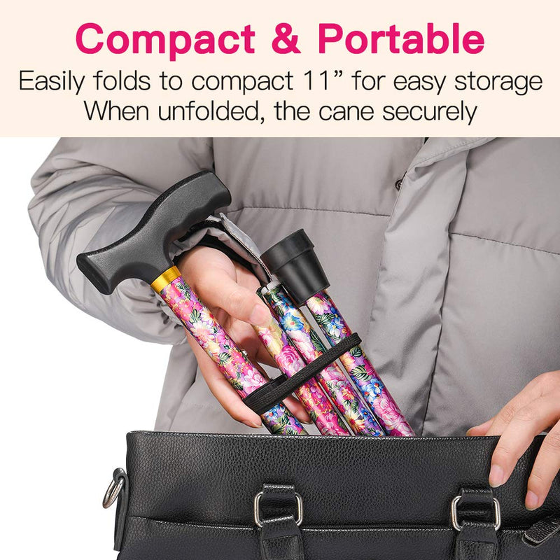 [Australia] - Walking Cane LIXIANG Cane for Man/Woman | Mobility & Daily Living Aids | 5-Level Height Adjustable Walking Stick | Comfortable Plastic T-Handle Portable Walking Stick Folding Cane Pink Print 