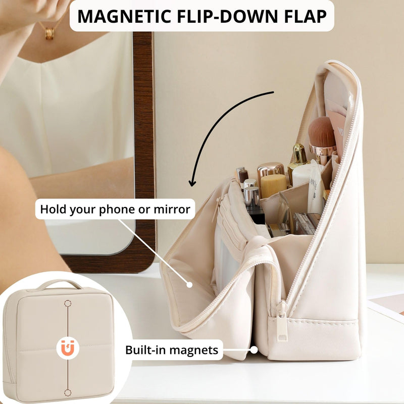 tianzong Travel Makeup Bag with Magnetic Fold-Down Flap, Waterproof Leather Cosmetic and Toiletry Organizer for Women, Multi-Zone Standing Storage, Cream, X-Large XL-Cream