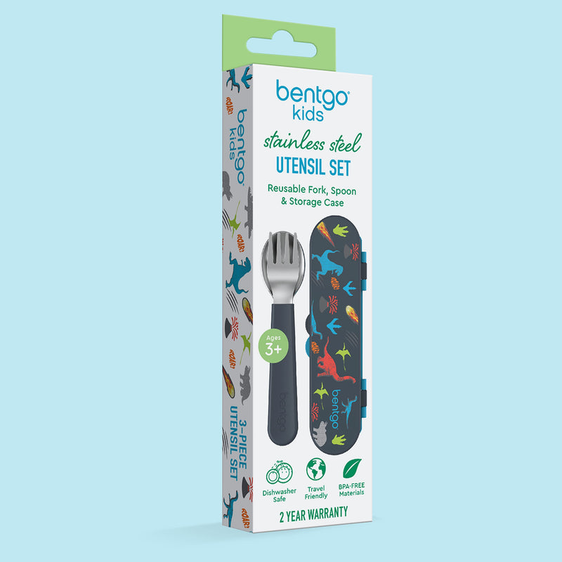 [Australia] - Bentgo Kids Stainless Steel Utensil Set - Reusable Fork, Spoon & Storage Case - High-Grade BPA-Free Stainless Steel, Easy-Grip Handles, Dishwasher Safe for School Lunch, Travel & Outdoors (Dinosaur) Dino 