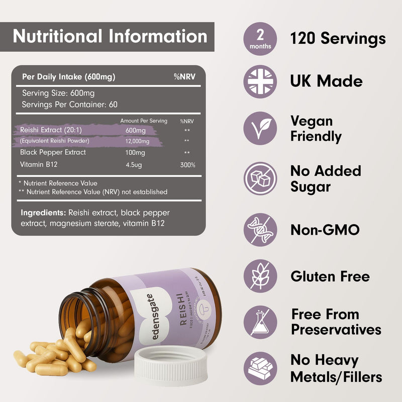 Edensgate Reishi Extract Capsules – Reishi Mushroom Supplement | Concentrated Extract Formula | Vegan Friendly | Daily Balance & Wellness Support | 120 Capsules Edensgate Reishi Extract Capsules x 120