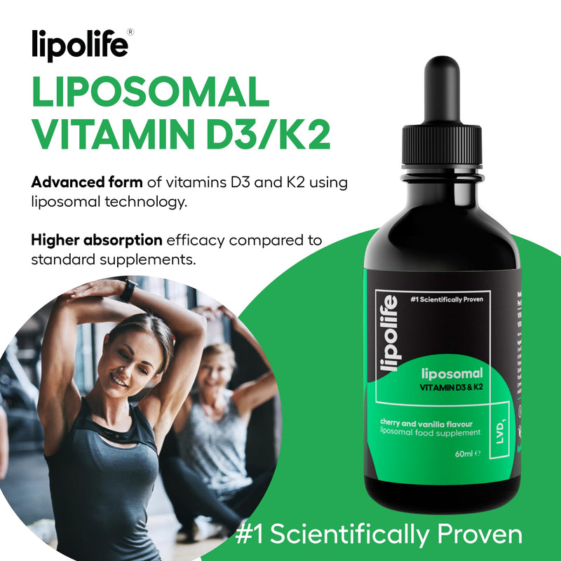 Liposomal Vegan Vitamin D3 and Vitamin K2 Liquid - Cherry & Vanilla Flavour. Advanced Nutrient Absorption. Made in the UK. 60 Servings. lipolife LVD1