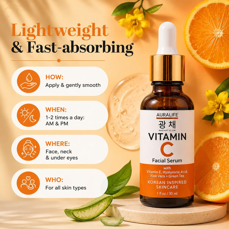 AuraLife Vitamin C Face Serum with Hyaluronic Acid, Vitamin E & Aloe Vera – Brightening & Hydrating Facial Serum for Dark Spots, Fine Lines, Wrinkles & Uneven Skin Tone – 1 Fl Oz (Facial Serum)