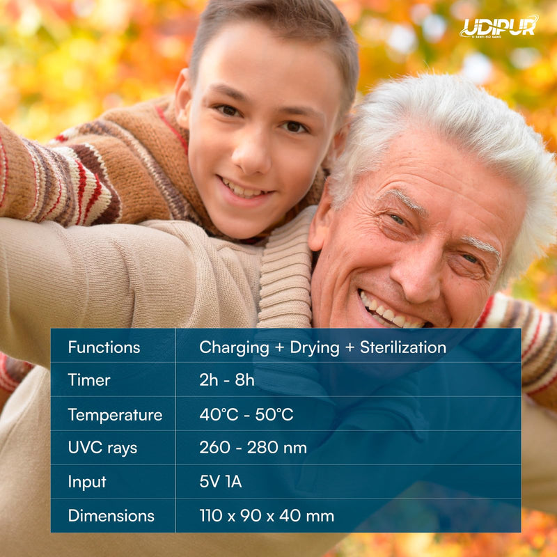 3in1 Multifunction Station with UV Sterilisation Drying and Charging USB Type-C for Hearing Aids Udipur Temperature Adjustable Up to 50°C - 110x90x40mm