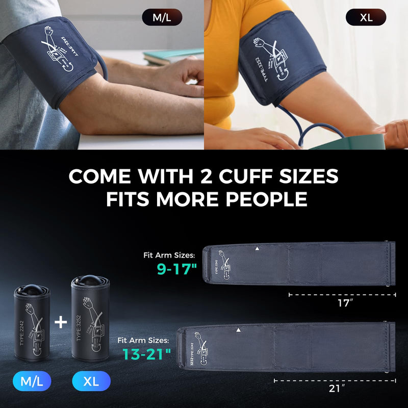 [Australia] - Blood Pressure Monitor,2 Cuff Sizes Automatic Upper Arm Blood Pressure Machine,9-17'' & 13-21'' Extra Large Blood Pressure Cuff Large LED Backlit Screen-3 User Mode/USB Cable and 4 AAA Batteries 