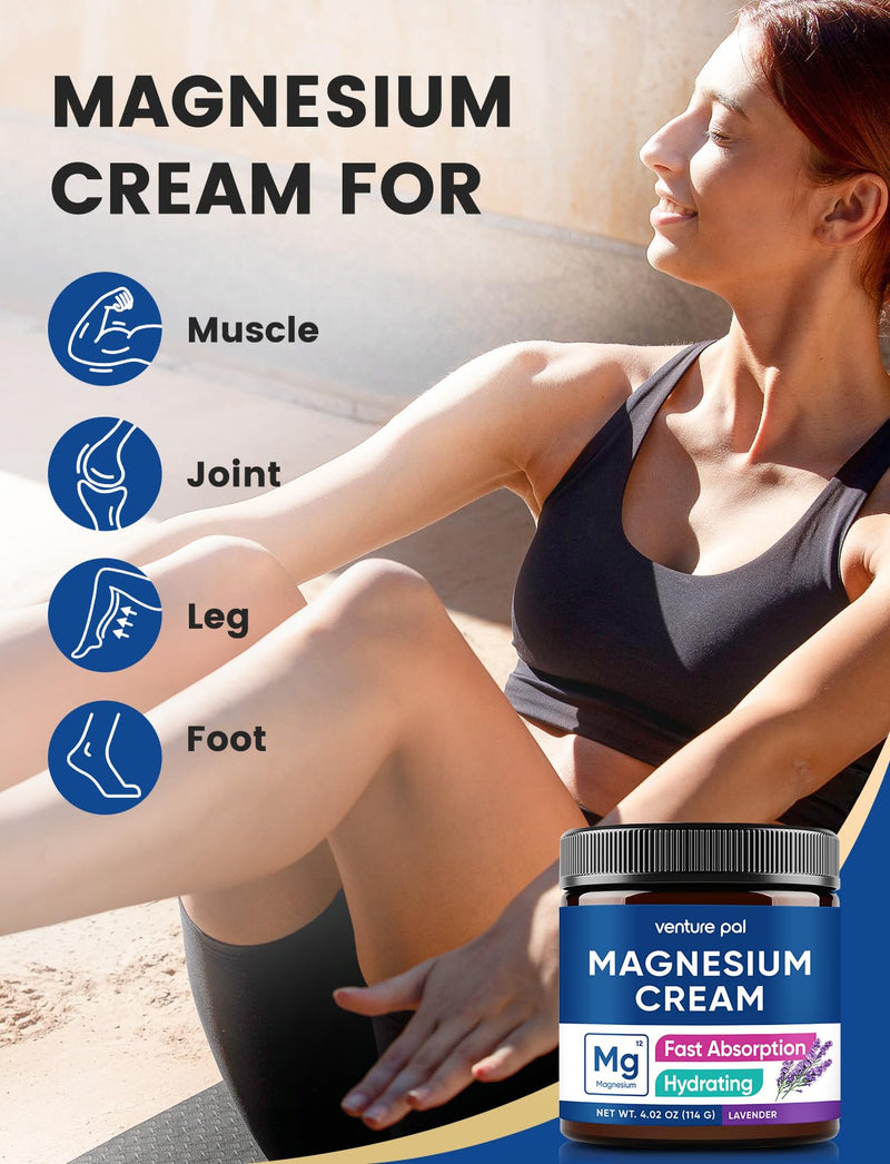 Venture Pal Topical Magnesium Cream, Highly Concentrated Magnesium Lotion | Fast-Absorbing Magnesium Moisturizing Cream with Coconut Oil, Shea Butter & Hyaluronic Acid; Suitable for Kids 4 Fl Oz (Pack of 1) V1-Lavender