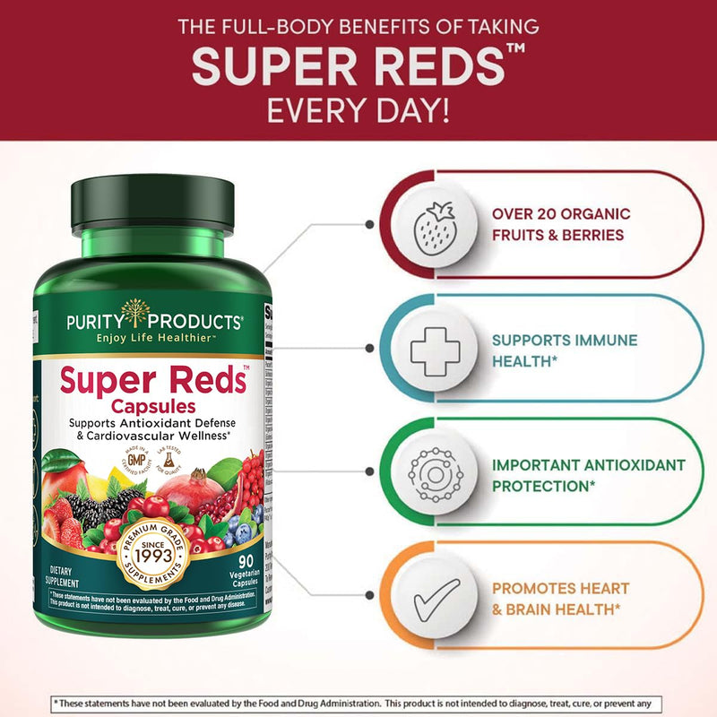 Purity Products Super Reds Capsules Formula - 90 Veg Capsules | (20+ Organic Super Fruits and Berries) Certified Organic Phytonutrients - Supports Antioxidant Defense & Cadiovascular Health 90 Count (Pack of 1)