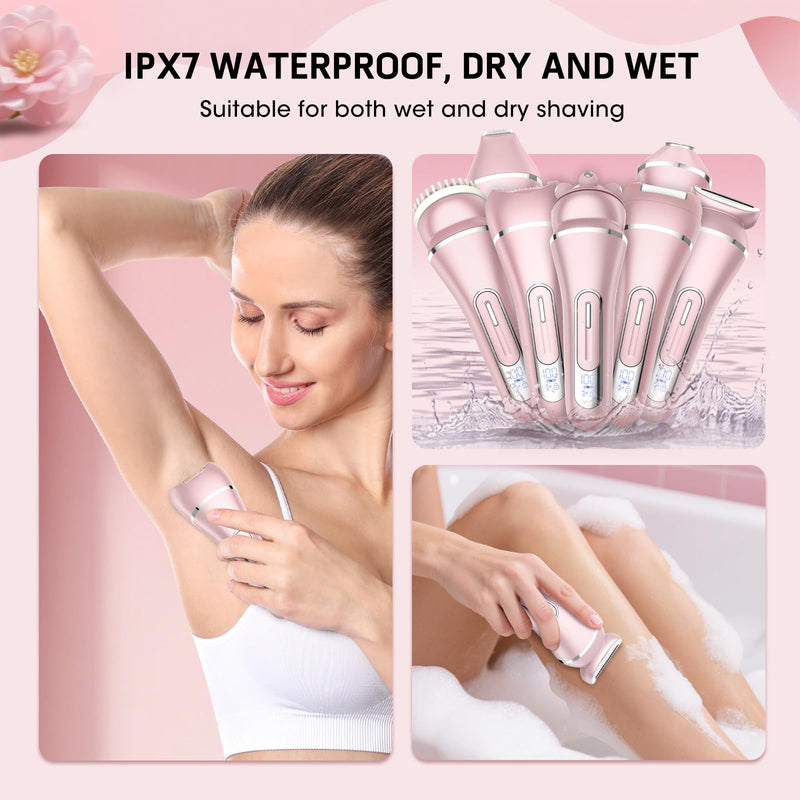 [Australia] - Electric Shavers for Women, 7 in 1 Hair Removal Kit with Epilator Bikini Trimmer Face Razor Body Brush Face Massager Foot Callus Remover, IPX7 Waterproof Lady Razors Set for Legs Armpit Bikini Pubic Pink 