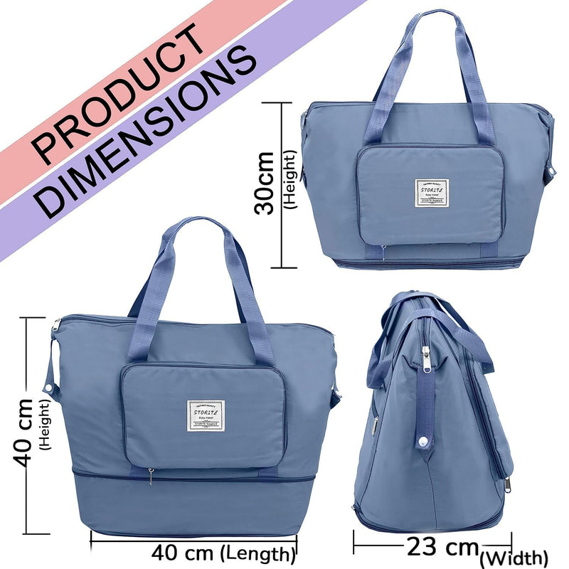 Storite Foldable Travel Duffle Bag, Blue, 40x23x30 cm | Water Resistant Nylon, Expandable Design, Lightweight, Spacious Storage, Travel, Gym, Shopping, Weekend Trips