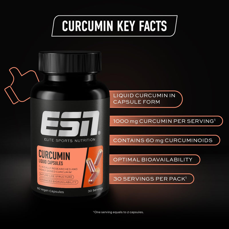ESN Curcumin Liquid Capsules, 60 Turmeric Capsules, 1000 mg Curcumin per Serving, Made from Patented NovaSOL, 185 Times Higher bioavailability Thanks to Liquid Form, Vegan
